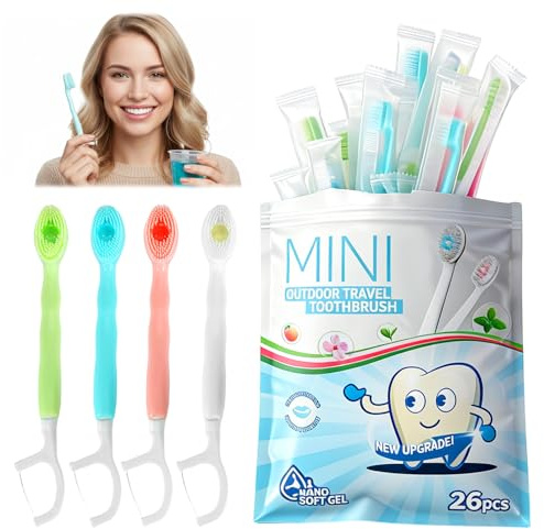 26 Stück Mini Zahnbürste To Go, Einmalzahnbürsten mit Zahnpasta | 5 in 1 Einweg Zahnbürsten mit Zahnseide, Zungenschaber & Zahnstocher, Reisezahnbürste Einzeln Verpackt für Unterwegs
