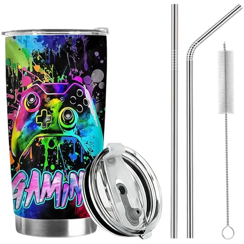 Insulated Gamer Cup, Boys Gamer Cups Tumbler Cup Kids, Gamer Travel Mug 20oz with Lid and Straw, Stainless Steel Gaming Travel Mugs for Hot Drinks, Ideas Gamer Gifts for Boys Teenage Home Picnic