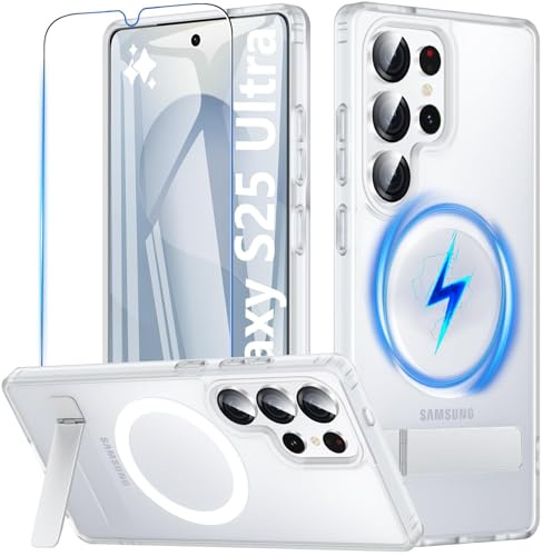 BESINPO Hülle für Samsung Galaxy S25 Ultra für MagSafe mit Ständer und Displayschutz, Magnetische Schutzhülle integrierter Versteck-Ständer Handyhülle für Samsung S25 Ultra, Matte White