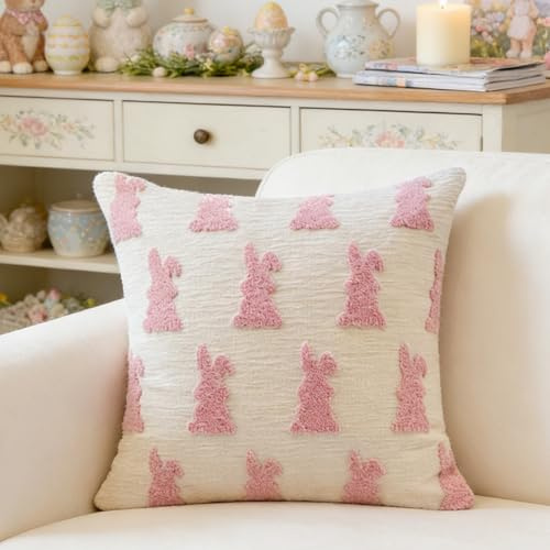 Xevinas Frühlingskissenbezug 2er Set, Samt Kissenbezug Hase Dekoration, Frühlingsdeko Modern Hase Deko Kissenhülle, Hasendekoration Schwanz Frühling Deko (Rosa) (B)