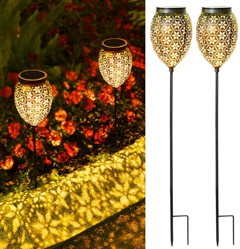 2 Stück Solarlampen für Außen Garten Metall, Solarleuchten für Außen 69/52CM, IP65 Wasserdicht Solarleuchten Garten Warmweiß, LED Solar Gartenleuchten für Außen Vintage für Terrasse Rasen Balkon