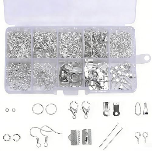 Hontaog DIY Ohrring Zubehör Set, Silber Ohrring Materialien für Schmuck Selber Machen, Metall Ohrring Bastelset mit Perlen, Haken, Biegeringe, Verschlüsse, Pins, für Herstellung und Reparatur