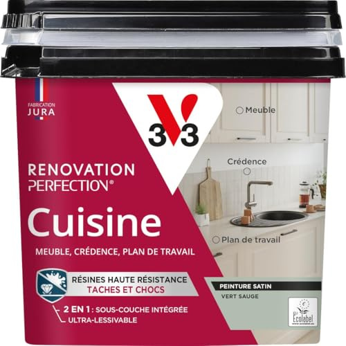 V33 Peinture Rénovation Perfection® Cuisine Vert Sauge Satin 750ml | Haute Résistance taches et Chocs - Ultra-Lessivable - Meuble - Crédence - Plan de travail