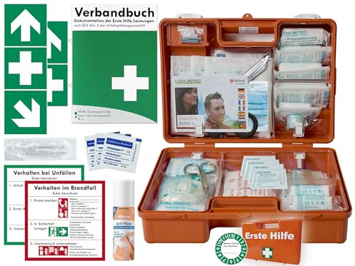 Verbandskoffer/Verbandskasten (M) Typ S -Paket 1- Erste Hilfe nach aktueller DIN 13157 für Betriebe -DSGVO- INKL. PERFORIERTEM VERBANDBUCH + Sprühpflaster & FOLIENAUFKLEBER