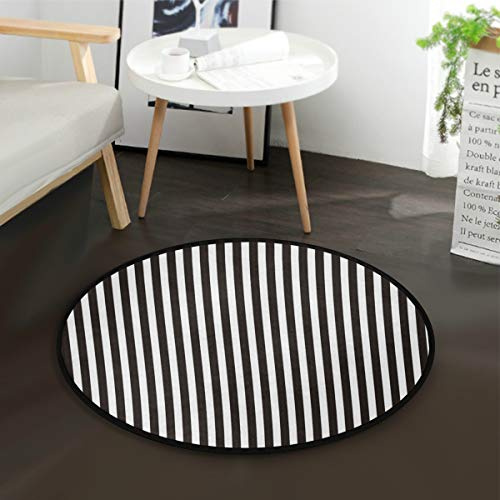 Mnsruu Runder Teppich, Schwarz gestreift, weiß, rutschfest, bequem, für Wohnzimmer, Schlafzimmer, 92 cm Durchmesser