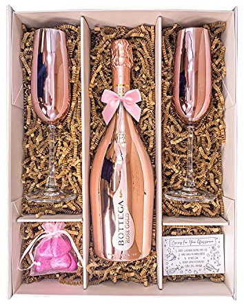 Bottega Rose Gold Sparkling Wine 75cl Gift Set Hamper With 2 Metallic Pink Champagne Flutes, Chocolates and Gift Box - Gifts For Girls and Women (Metallic Tops)