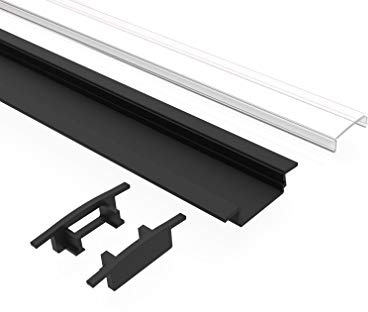 Tivendis Led Alu Profil 2 m EF2 schwarz Komplett Set für Strip/Streifen bis 12 mm breit | Abdeckung satiniert milchig, Endkappen | Einbau Fußleisten Flachprofil pulverbeschichtet