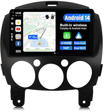JOYX Android 13 Autoradio Passt für Mazda 2 (2007-2012) - [4G+64G] - Eingebaut DSP/Carplay/Android Auto - Kamera MIC KOSTENLOS - 10.1 Zoll 2 Din - Unterstützung SWC 4G WiFi BT DAB Fast-boot 360-Kamera