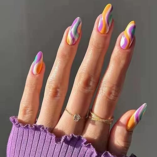 24PCS Long Ballerina False Nails with Glue Stickers,Full Cover Acrylic Press on Nails no Glue,Colorful Stripe French Fake Nails for Women and Girls Nail Art.