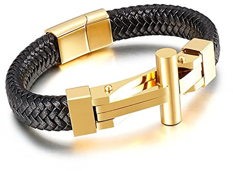 Stfery Armband Edelstahl Vintage, Herren Lederarmband Gold Kreuz 21CM Geflochtenes Seil 12MM Bracelet Modeschmuck Geschenke