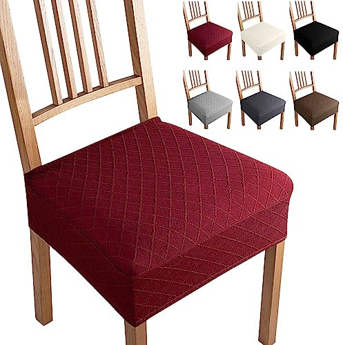 Jacquard Esszimmerstuhl Sitzbezüge Set of 6 Universal Stretch-Sitzbezüge Keine Rückenlehne Stuhl Sitzbezüge Abnehmbar Waschbar Stuhlhussen Stuhlsitzbezüge für Küche,Hotel,Bankett(Set of 6,Bordeaux-B)