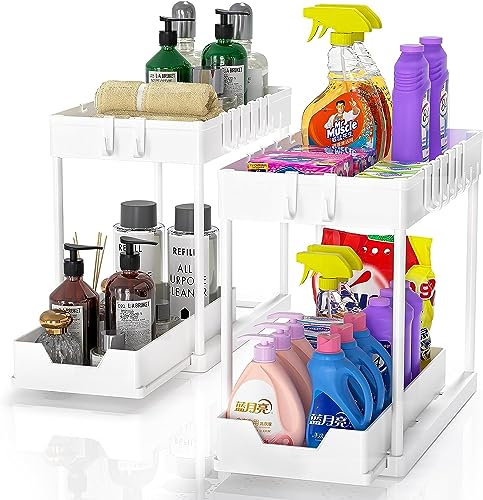 Meltrck Organizador de Armario para lavavajillas, 2 Unidades para Debajo del Lavabo, Organizador de Almacenamiento Extensible con 16 Ganchos, Color Blanco