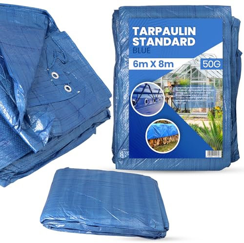 Bâche de Protection 6x8m PVC 50 g/m² Imperméable Extérieur en Tissu Industrielle Multifonction pour Meubles Camping Voiture étanche Multi-Usage Universelle