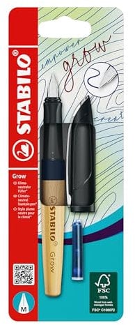 STABILO Grow - Climate-Neutral Fountain Pen - Pack of 1 - Blueberry Blue/Beech Wood including Blue Ink Cartridge