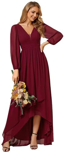 Ever-Pretty Maxi Women's Evening Dresses Double V-Neck and Long Sleeves A-Line High-Low Chiffon Bridesmaid Dress Burgundy 18UK