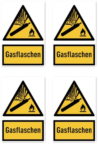 Adesivo: 112,5 x 75 mm, 4 pezzi bombole di gas segnale di avvertimento con testo (giallo/nero) verticale W029 DIN EN ISO 7010 / ASR A1.3