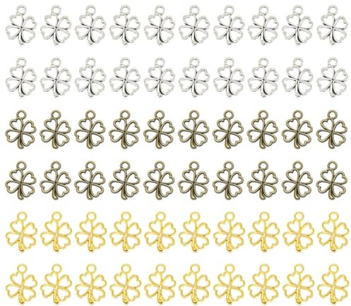 HSIXHAF 150 pcs Kleeblatt Anhänger, Kleeblatt Glücksbringer Kettenanhänger, Kleine Metall Charms zum Armband, für DIY Abschiedsgeschenk, Keschlüsselanhänger, Schmuckanhänger, Gold und Silber