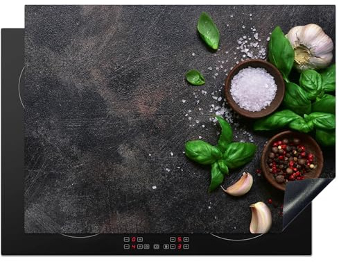 KitchenYeah© Herdabdeckplatte Einteilig Küche Herdabdeckung Induktionsfeld | 70x52 cm - Ceranfeld Herdabdeckplatten Vinyl Matte Aufrollbar Kräuter - Stilleben - Beton