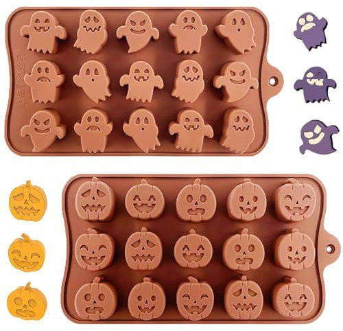 Halloween Silicone Moulds, 2PCS Halloween Chocolate Molds Pumpkin Ghost Molds DIY Fondant Candy Mold, Baking Mould for Cookies Chocolate Candy Gummy Jello Ice Cube