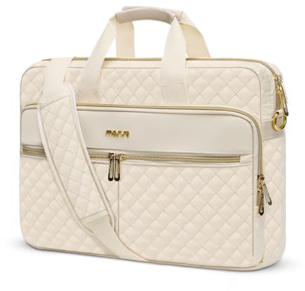 MOSISO Laptop Bag 16 inch, Briefcase for Women&Men, 15-15.6 inch Laptop Case Square Quilted Computer Messenger Bag Office Travel Business with 3 Pockets&Strap, Beige