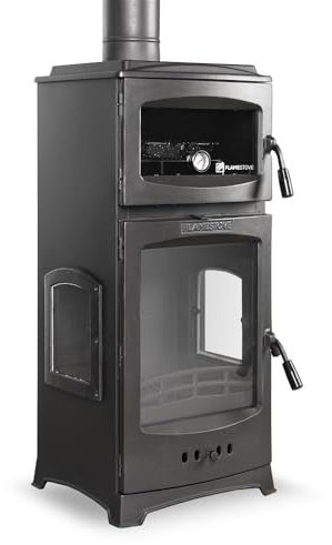 Poêle à bois en verre à 3 côtés avec porte latérale et poêle en fonte certifiée CE et EcoDesign 2022 avec four, combustion efficace du bois et du charbon, 8 kW, 82 kg