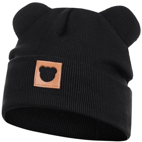 Smarilla Mütze Übergangsmütze Junge Mädchen Herbstmütze Frühlingsmütze Beanie Ohren gerippt, Größe: 42-44, Farbe: Schwarz