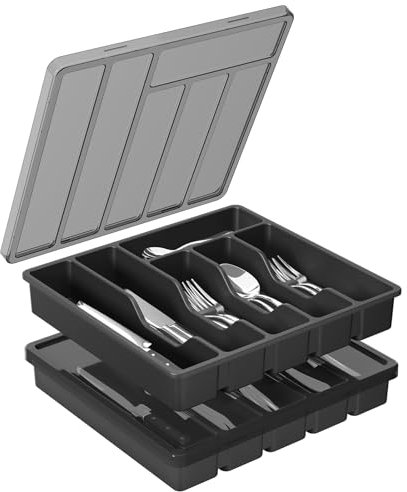Lifewit Organizador Cubiertos para Cajon Tapa, Caja de Cubiertos para cajón de Cocina con 6 Compartimentos, Organizador de cajón de plástico para Cuchillo/Tenedores/cucharas, Paquete de 2, Negro