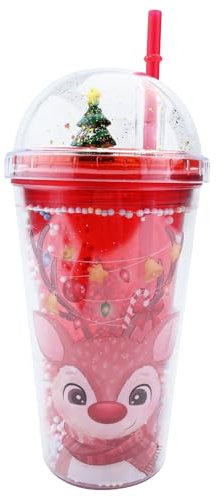Gobelet à Eau de Noël pour Enfants,Bouteille avec Pailleté et Couvercle Motif Bonhomme de Neige de Noël,Tasse de Voyage d'eau Réutilisable à Double Paroi,450ml Tasse à Café Rouge pour Fête Cadeaux