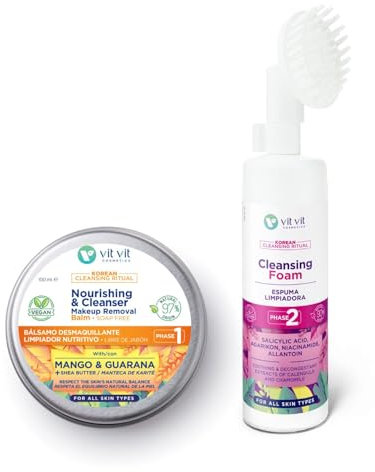 Doble Limpieza Facial: Bálsamo Desmaquillante Nutritivo 100ml y Espuma Limpiadora con Cepillo Masajeador facial 200ml, Vegano, Pack Ritual de Limpieza Coreana - Korean Ritual Vit Vit Cosmetics