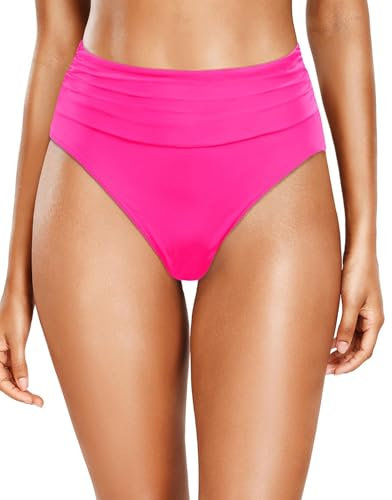 Holipick Bas de bikini taille haute pour femme - Contrôle du ventre - Bas de maillot de bain froncé - Coupe haute, rose vif, Taille L