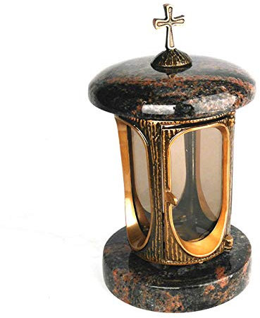 designgrab Alu Grablampe aus messingfarbenem Aluminium in Antikoptik mit Kreuz in Granit Aurora