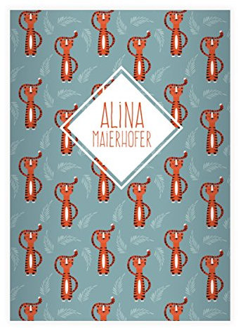 Kartenkaufrausch 8 personalisierte, Schicke Sieger DIN A5 Schulhefte, Schreibhefte mit süßen Tigern in hellblau Lineatur 4 (liniertes Heft)