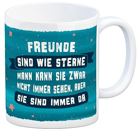 Freundschaft Kaffeebecher mit Stern Motiv und Spruch: Freunde sind wie Sterne