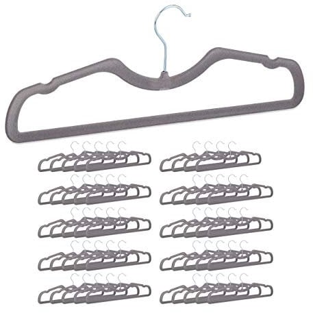 Relaxdays Perchas Terciopelo, Pack de 50, Antideslizantes, Ahorra Espacio, con Barra y Muescas, Hierro, 42 cm, Gris