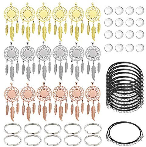 Allazone 56 Stück Traumfänger Anhänger Tabletts Glas mit Cabochon Lünette, Schwarzes Wachsseil und Schlüsselbund für Fotoanhänger Schmuckherstellung, Ohrring