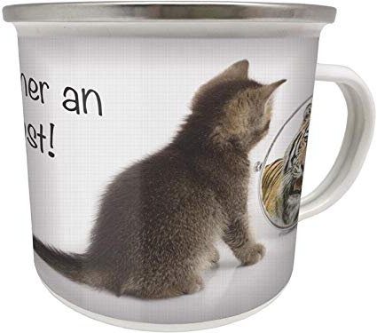 Blechwaren Fabrik Braunschweig GmbH - Tazza smaltata 0,5 l, con scritta GLAUBE Immer AN Dich SELBST Tazza con gatto Tiger EB65
