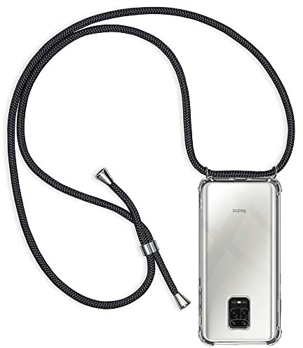 Funda para Xiaomi Redmi Note 9S / Redmi Note 9 Pro con Cuerda, Carcasa Transparente TPU Suave Silicona Case con Correa Colgante Ajustable Collar Correa de Cuello Cadena Cordón Case, Negro