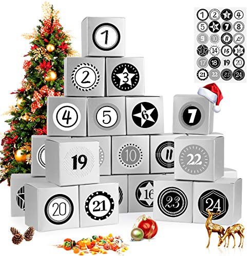 Adventskalender zum Befüllen Boxen, 24 Adventskalender Geschenkbox, mit Zahlenaufklebern, für Weihnachtlichen 2024 zum Basteln und Befüllen, Weihnachts-Geschenkschachtel zum DIY, Silber