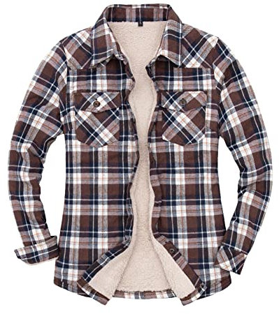 ZENTHACE Damen Flanelljacke mit Sherpa-Fleece-Futter und Knopfleiste, braun/weiß M