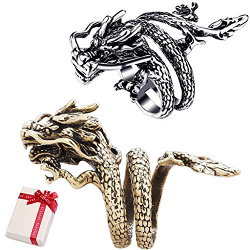 Ouceanwin Vintage Punk Ringe - Drachen Schmuck Silber, Verstellbar Edelstahl Gothic Ring Herren & Frauen