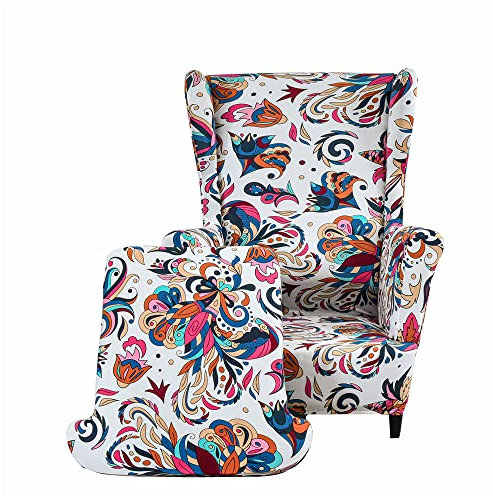 Highdi 2-Teilig Sesselbezug Ohrensessel Bezug, Mode Bedruckter Sesselüberwürfe - Elastisch Spandex Sesselhusse mit Armlehne für Ohrensessel, Fernsehsessel, Relaxsessel (Bunte Blumen)