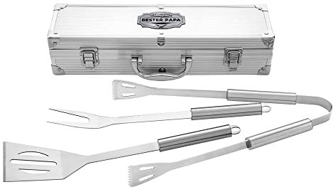 AMAVEL Grillkoffer aus Edelstahl mit Besteck und Gravur Grillmeister & Bester Papa, Pfannenwender, Gabel und Grillzange, Geschenke zum Vatertag, Männergeschenke