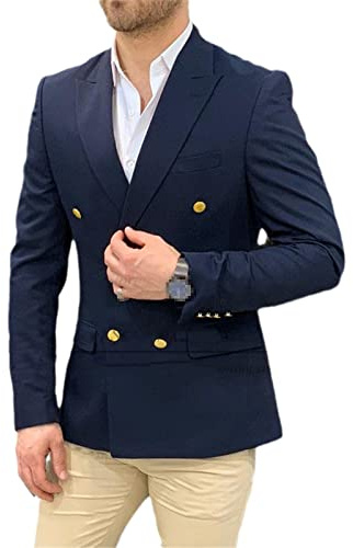 Hinewsa Navy Blu Wedding Blazer Uomo Gentleman Giacca Bottoni Oro Casual Slim Fit Doppio Petto Affari Cappotto, Colore immagine, L
