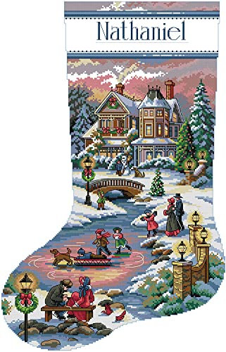 Awesocrafts Kreuzstich Stickpackungen Vorgedruckt Glückliche Zeit mit Weihnachtsstrümpfen Bilder Vorlagen Sticken Set Vorgedruckt 14CT 2 Stränge