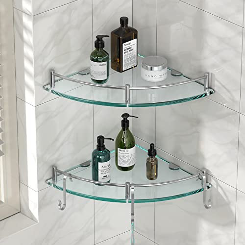 YorkHoMo Glas-Duschregale – Eckregal mit 3 Haken, 8 mm dick, Wandmontage, Shampoo-Halter, Organizer