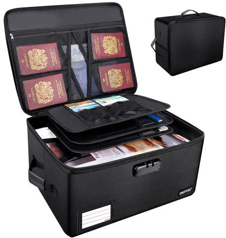 ENGPOW Fireproof Document Box File Organizer with Lock Hard Foldable Filing Box Portable Storage Box for Home Office Keeping Important Documents Certificates Cash Passport Bill Cards Tablet