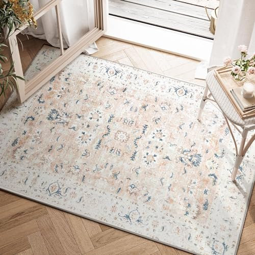 TOPICK Door mat 60x90cm Entryway Floral Pink Washable Rug Indoor Vintage Chenille Print Doormat Thin Small Rug Lightweight Non Slip Carpet for Kitchen Bathroom