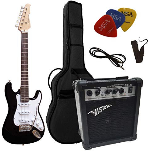 3/4 CHITARRE ELETTRICHE NERO PER JUNIOR - CHITARRA ELETTRICA NERO - LEGNO DI ONTANO MASSICCIO - MSA VISION - PICKUP - TREMOLO - EK303