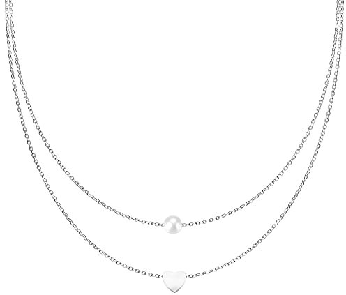 Treuheld® Mehrreihige Halskette mit Herz-Anhänger und Perle | 3 Farben [01.] - silber