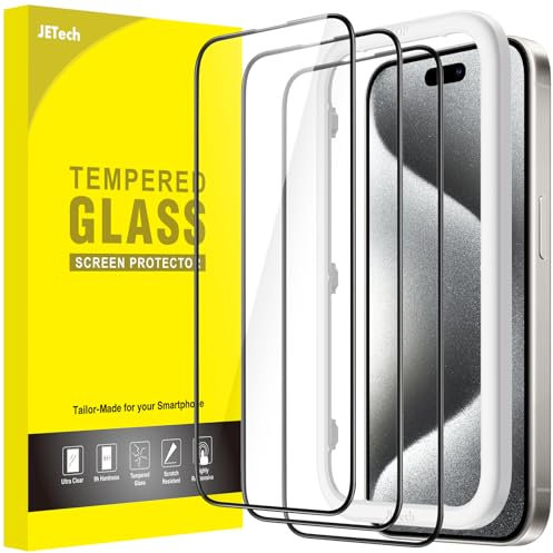JETech Protector de Pantalla Cobertura Completo para iPhone 15 Pro 6,1 Pulgadas, Borde Negro Cristal Vidrio Templado, con Marco de Instalación Fácil, HD Transparente, 3 Unidades